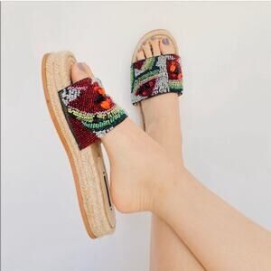 NWT Beaded Watermelon Espadrille Slides Platform Sandals